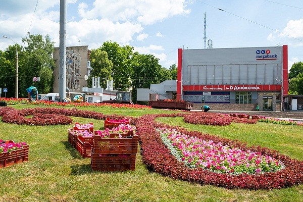 Возле кинотеатра Довженко появились национальные орнаменты из цветов